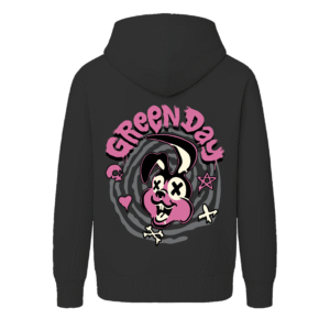 Hoodie unisex negro de Green Day con ilustración de conejo punk en amarillo y negro, diseño exclusivo estilo rock y punk, ideal para fans y coleccionistas.