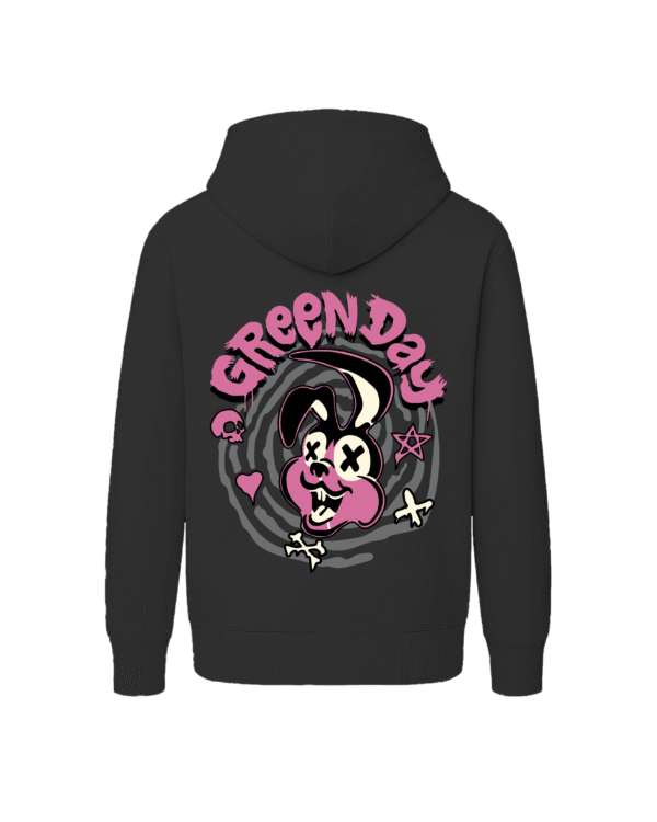 Hoodie unisex negro de Green Day con ilustración de conejo punk en amarillo y negro, diseño exclusivo estilo rock y punk, ideal para fans y coleccionistas.