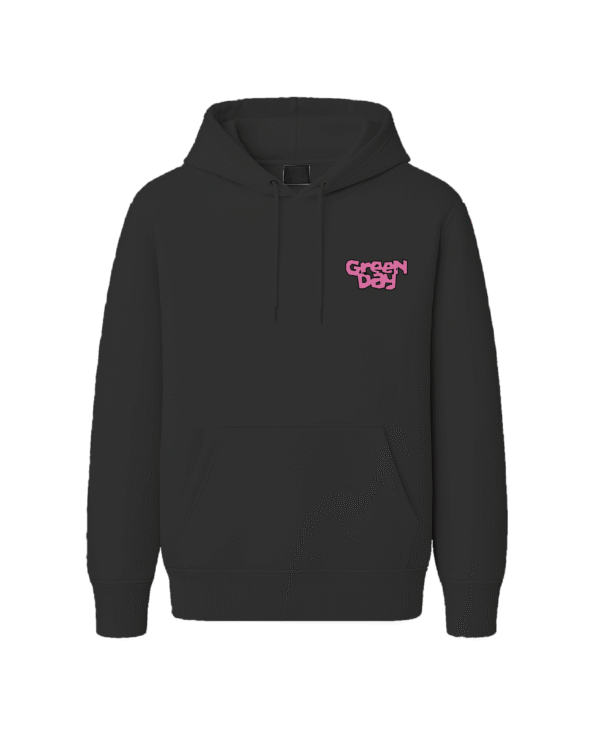 Hoodie unisex negro de Green Day con ilustración de conejo punk en amarillo y negro, diseño exclusivo estilo rock y punk, ideal para fans y coleccionistas.